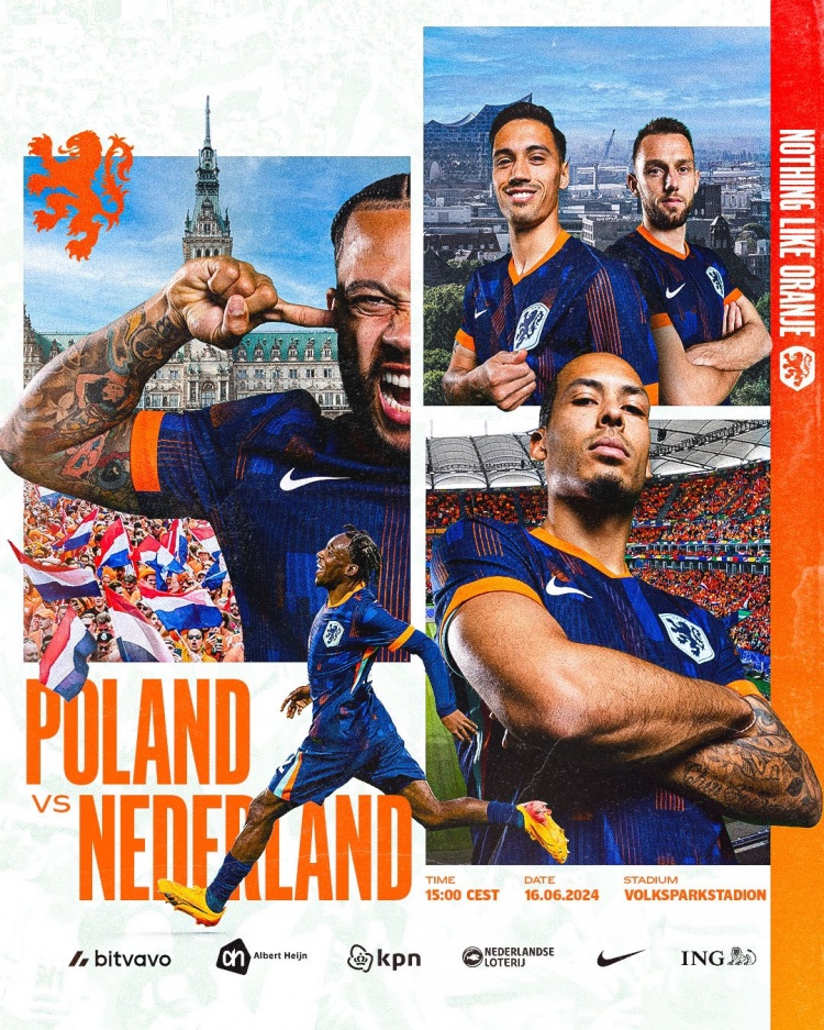 荷兰发布欧洲杯首战海报：范迪克、赖因德斯、德弗里出镜