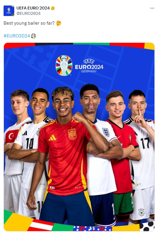 你同意吗？欧洲杯官推晒新星图：目前为止最好的年轻球员？